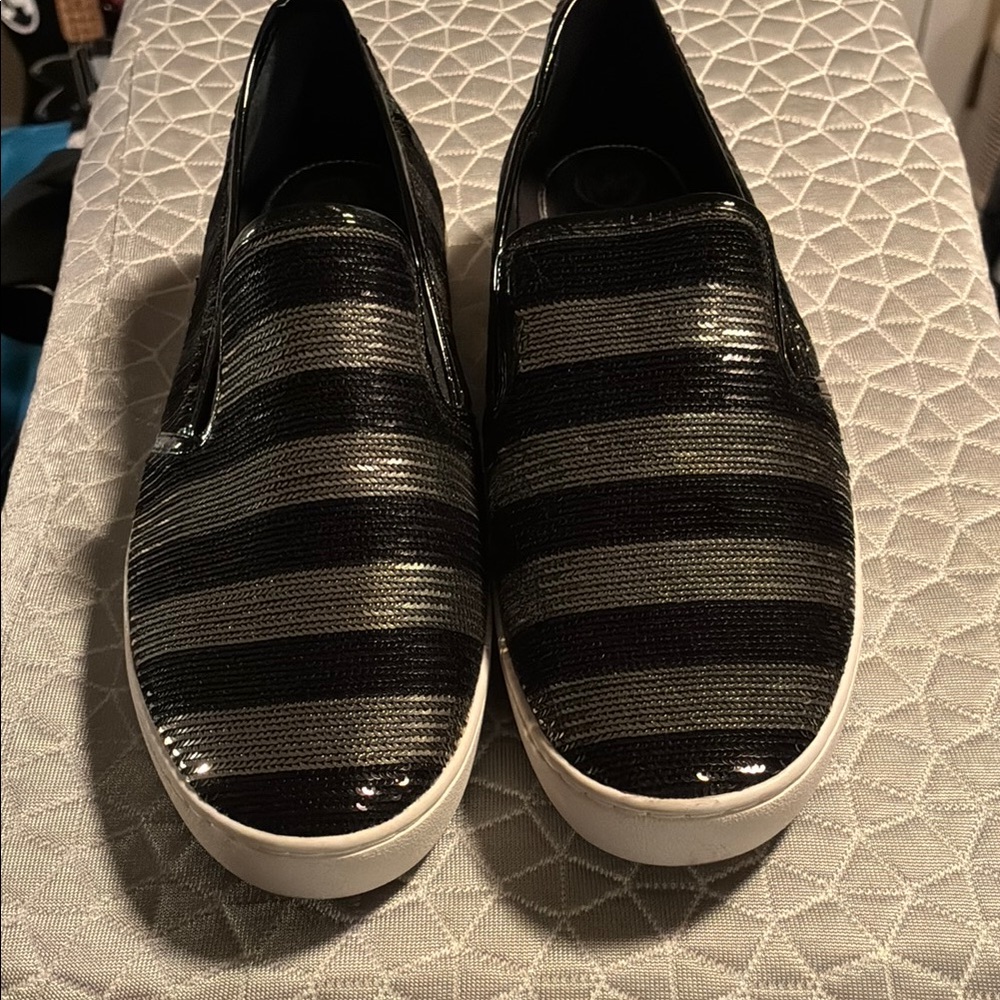 Michael KORS Black and Silver Striped Slip-On Shoes